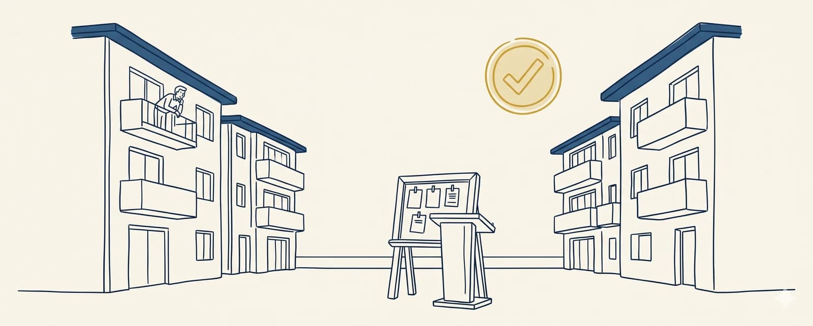 Illustrazione line-art: due palazzine condominiali con un condòmino al balcone, un leggio per le votazioni al centro e un timbro oro con segno di spunta che approva la delibera.